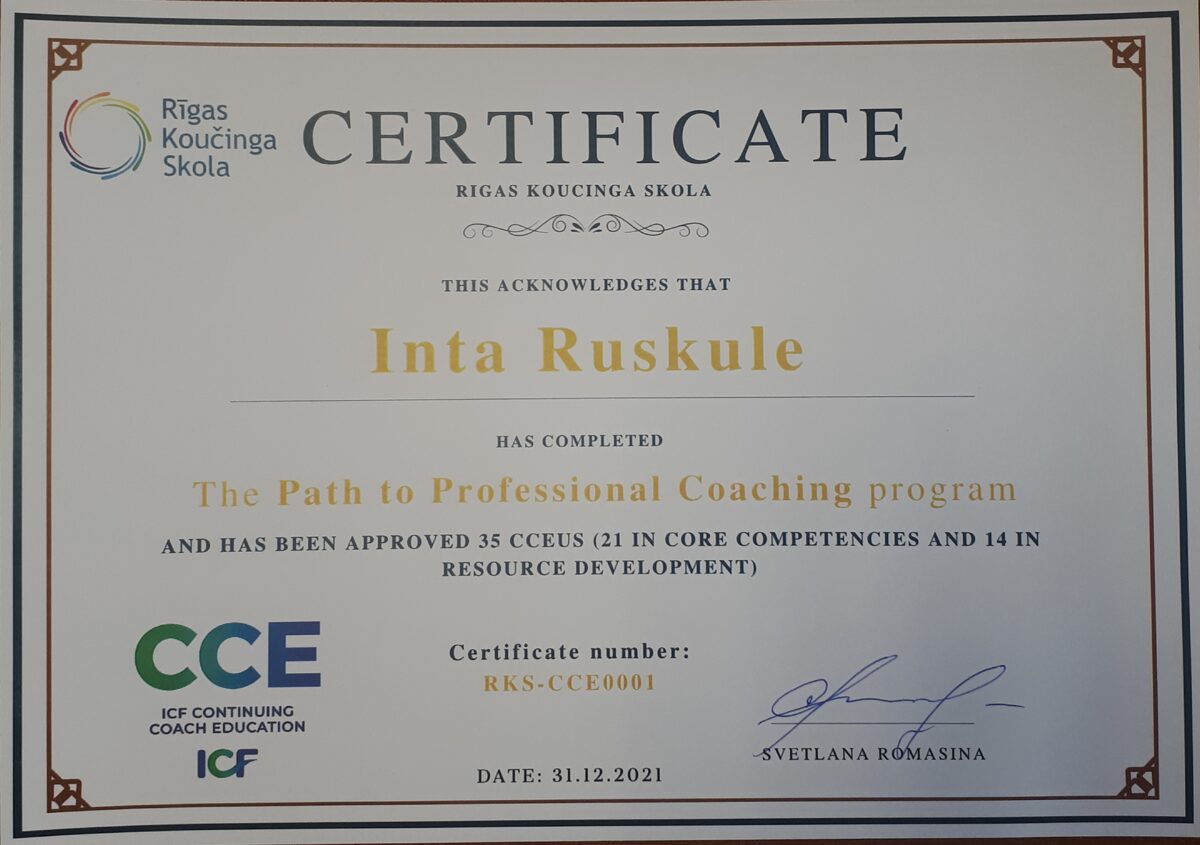 Certificate of RKS  Inta Ruskule Kouča ceļš uz profesionalitāti